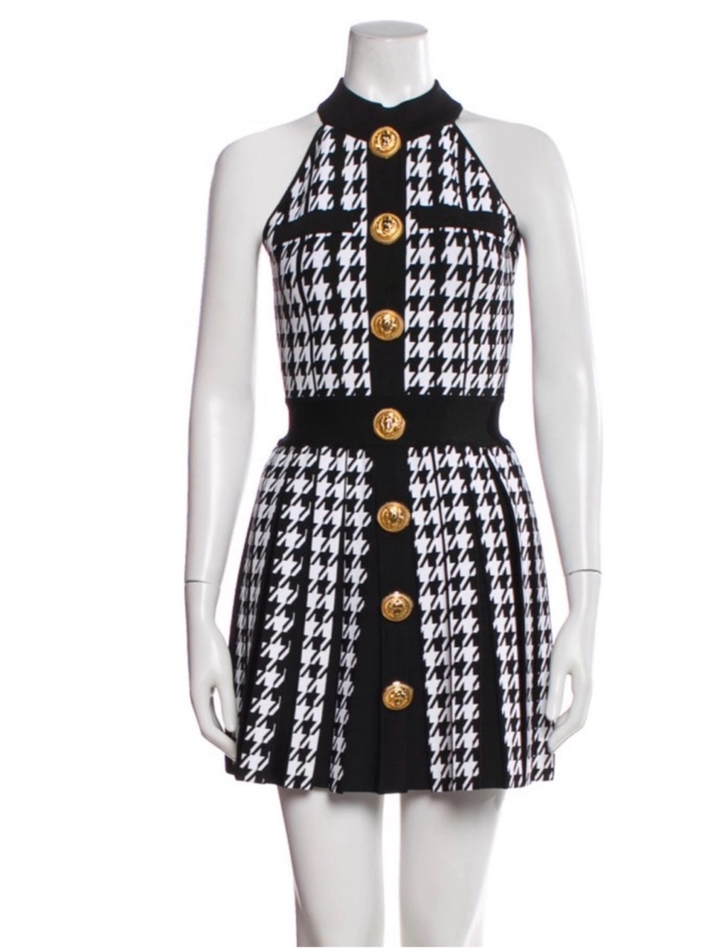 Balmain Black and White Houndstooth Halter Mini Dress with Gold Buttons